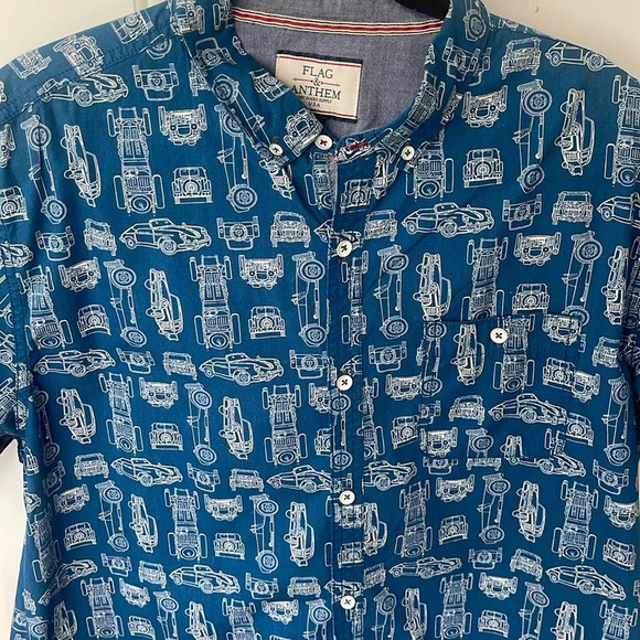 Flag & Anthem button down shirt vintage classic car blue white  short sleeve XL - Picture 2 of 12